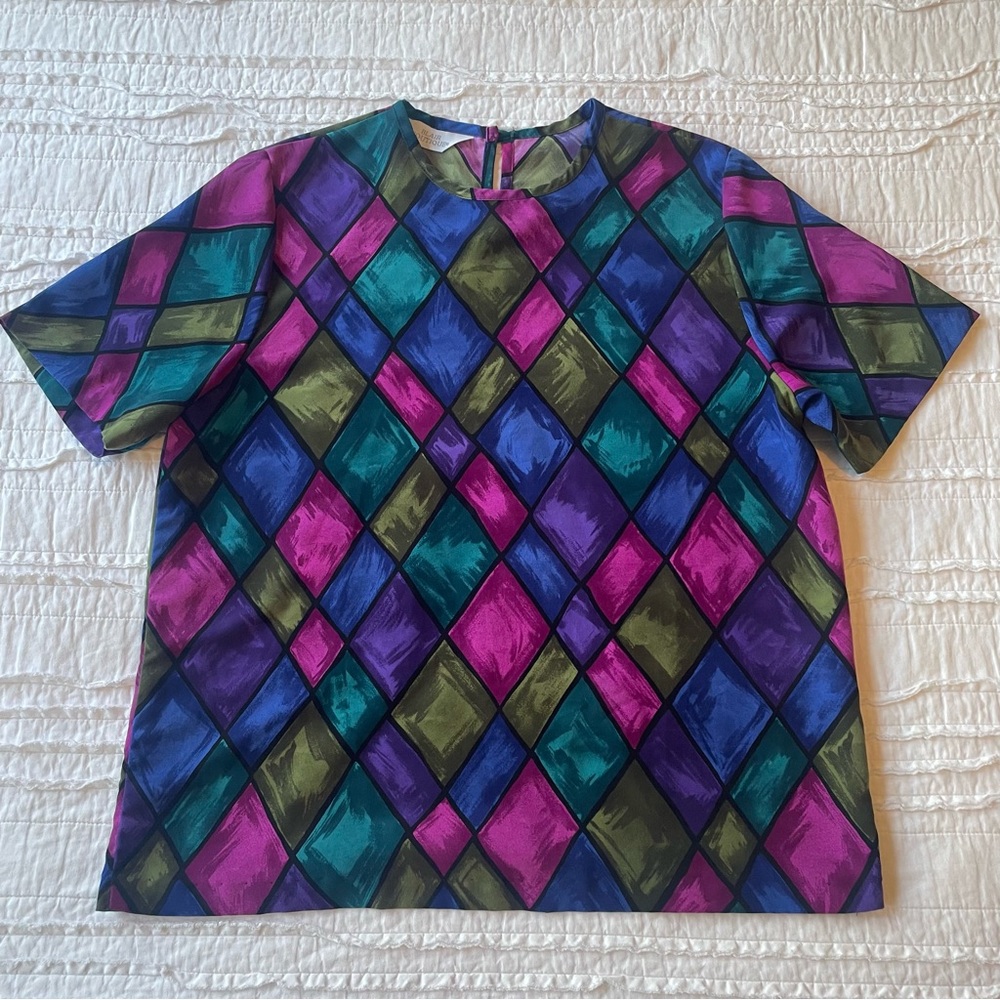 Vintage Jewel Tone Geometric Women's Blouse | Size Medium